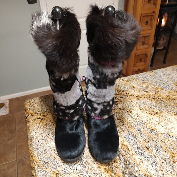Tecnica Leather Fur Embroidered Boots Mid Calf Multicolor Women's Size US 6.5 - Picture 9 of 15